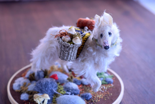 sewgoods - Mushroom-toting borzoi embroidery hoop. mohair, wool...