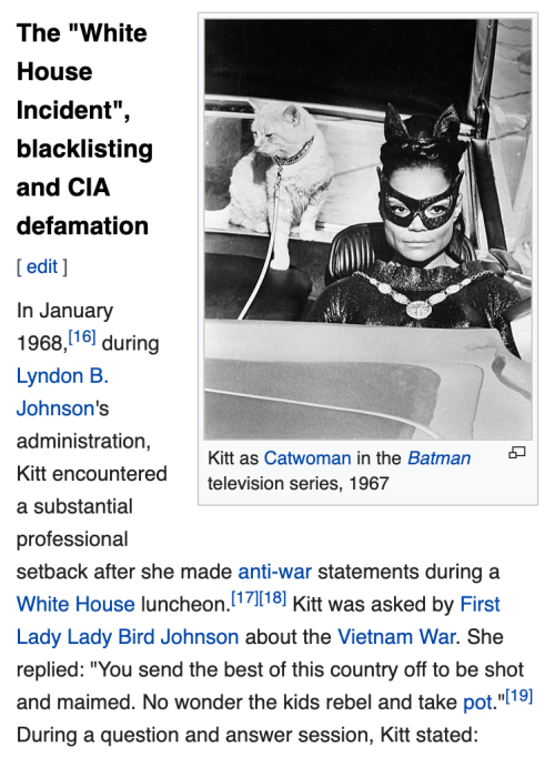 batmanbeyondrocks:weaver-z: Obsessed with Eartha Kitt’s absolute power move of risking her entire career to drag Lyndon B. Johnson’s bitch ass so hard that his wife started crying 