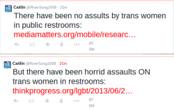 genderfuckedover:thewomanfromitaly:i-am-river:So, i read this awful article using bathroom “scare tactics,” which was claiming that trans women are potential rapists. “Men” who dress as women to gain access to women only spaces and force them