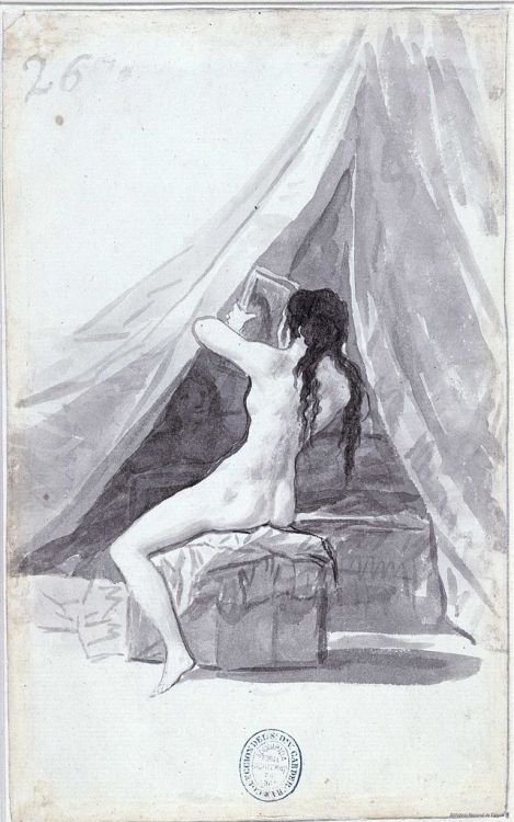 Nude woman with mirror  -  Francisco de Goya  1796-97Spanish 1746-1928Drawing in chinese ink &amp; w