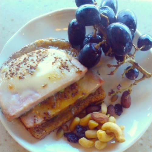 Brunch….ezekiel bread with ham and swiss, grapes and mixed nuts! #eattogrow #eatclean #health