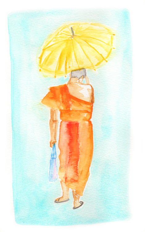 Golden Parasol A little watercolour of this monk who was walking ahead of us across the bridge on a hot Chiang Mai morning. He was carrying a luminous golden parasol that I thought was just brilliant. What a great fashion statement — though I don’t...