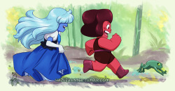 hazurasinner:  Of all the romantic and beautiful moments I could’ve picked to draw I ended up drawing Ruby and Sapphire chasing after the frog they picked up. I don’t know why but I found that scene ridiculously hilarious. Probably more than it was