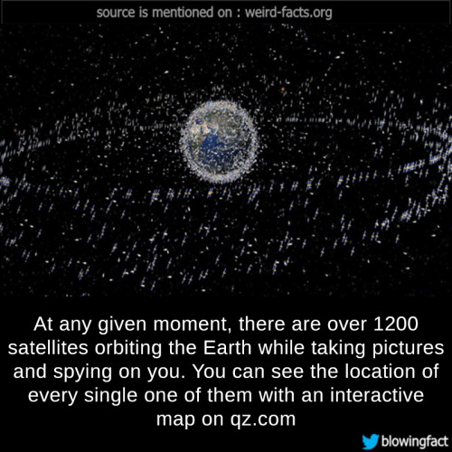 mindblowingfactz:    At any given moment, there are over 1200 satellites orbiting the Earth while taking pictures and spying on you. You can see the location of every single one of them with an interactive map on qz.comimage via aftenposten