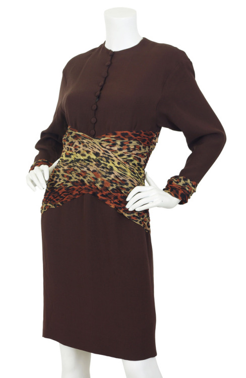 Jean-Louis Scherrer 1980′s Crepe & Leopard Print Silk Chiffon DressAvailable on Featherstone Vin