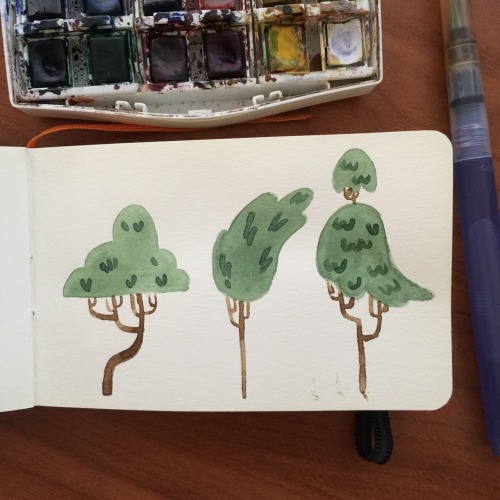 angelaan:Painting dump! Green trees are are watercolour and the other two are gouache using my handy dandy oven bake sculpy paint tin!  First tree is an Eyvind Earle study. I learned that he used magic.