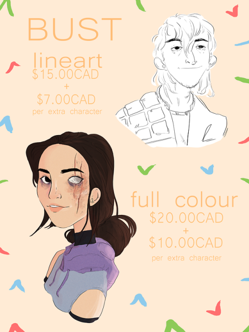 sophsarts: Hi everyone! I’m updating my commission prices, adding a lineart and half-body option!  A