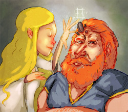 artsandoddities:  Groa heals Thor &ldquo;Thor went home to Thrudvang, but the flint-stone still stuck fast in his head. Then came the vala whose name is Groa, the wife of Orvandel the Bold. She sang her magic songs over Thor until the flint-stone became