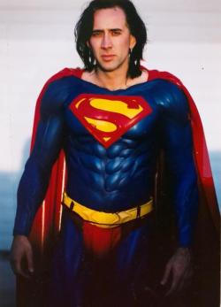blazepress:  Nicolas Cage in the finalized Superman suit from the cancelled Tim Burton film.