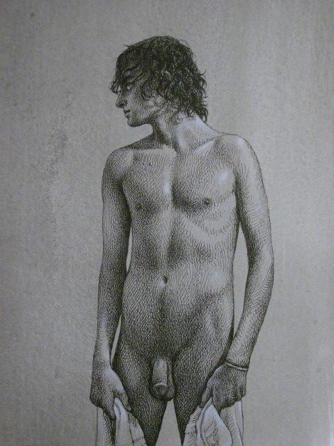 toddyeager:  Curtis holding Towel 6”x7.5” grey ink wash with black ink and white