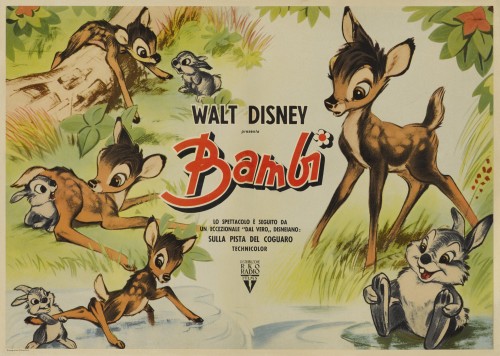 Half-sheet movie poster for the 1948 Italian theatrical release of &lsquo;Bambi&rsquo;. Sour