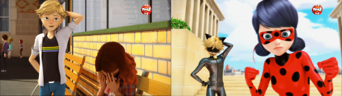 michigopyon:  miraculous-chan:  Adrien vs Chat Noir  I love this so muchhh It’s so interesting to see side-by-side how while he’s essentially doing the same exact gesture, there are little differences. Adrien is more subtle and proper- straight back,