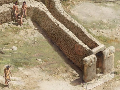 talesfromweirdland: Illustration (and detail) of the construction of Göbekli Tepe, a mysterious str