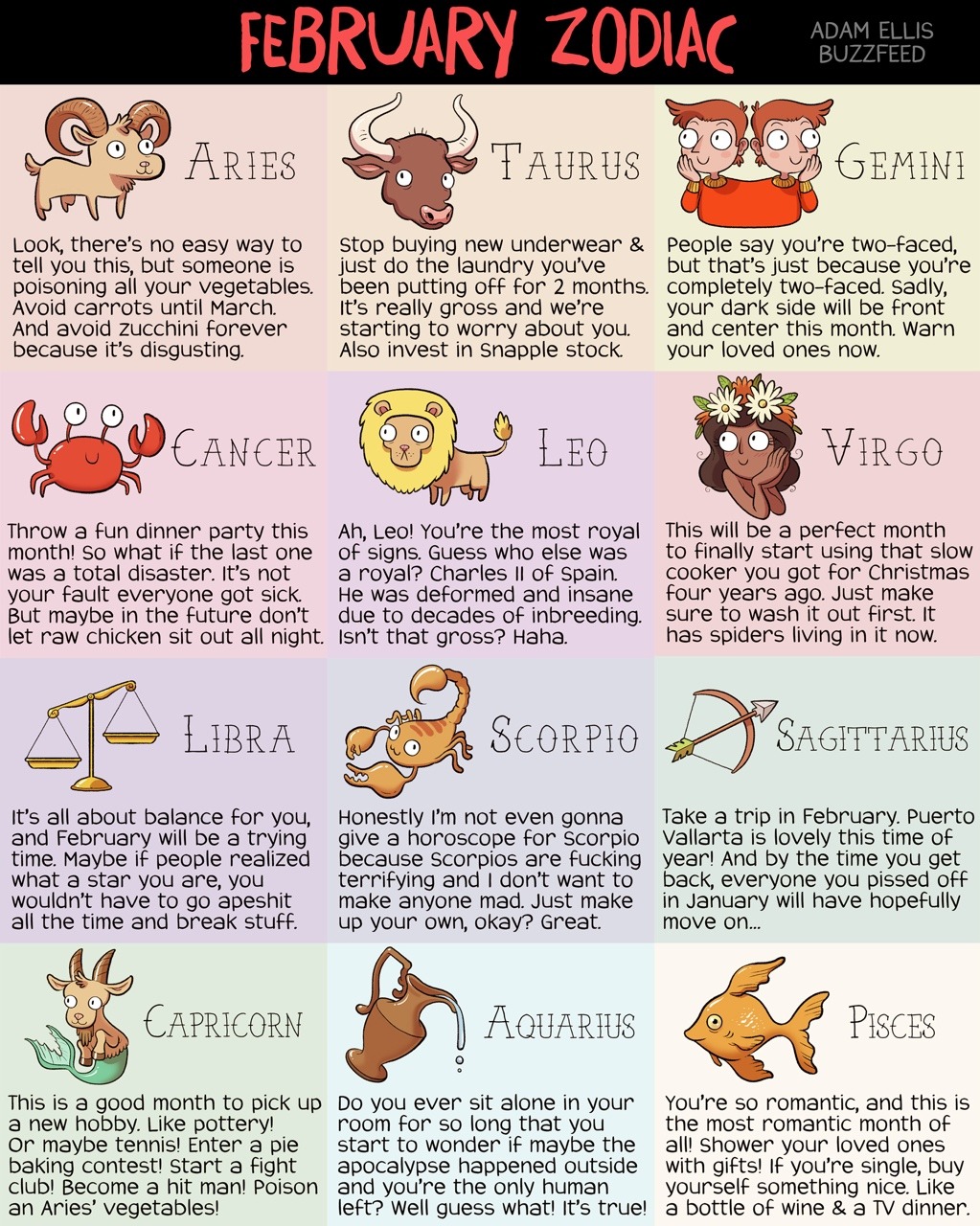 booksofadam:  Here’s your February zodiac, nerds!