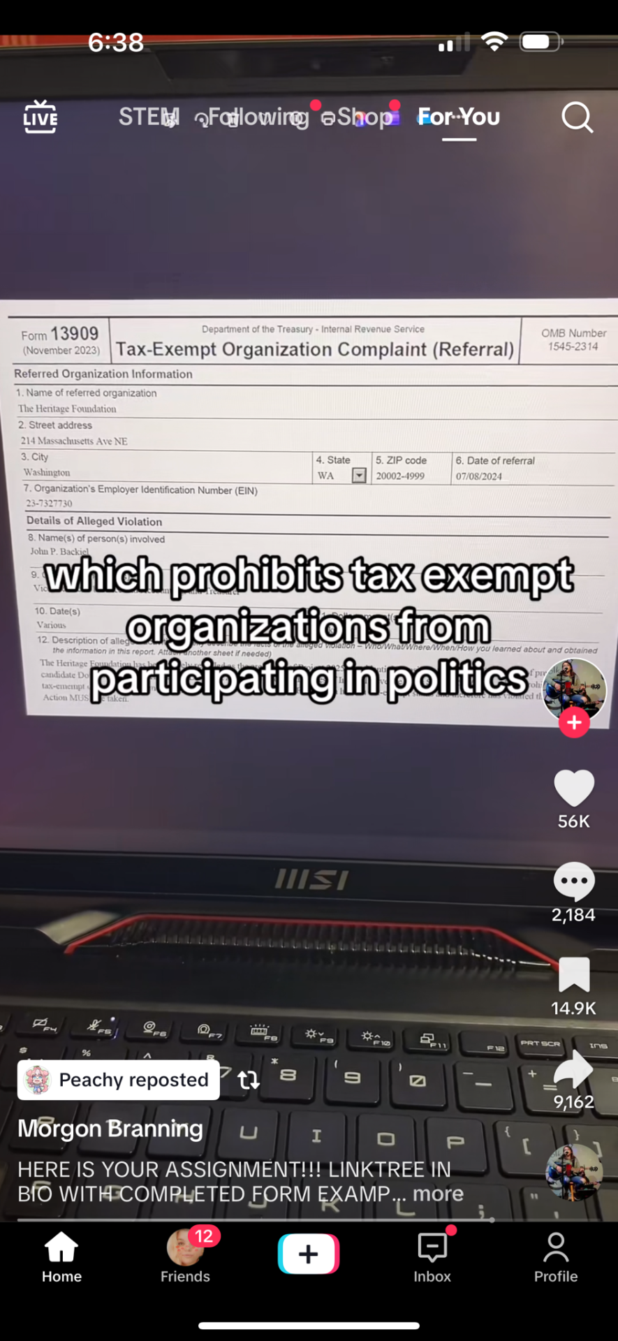 Google FORM 13909 And Fill It Out With This Information, Then Email It To Eoclass@irs.gov
