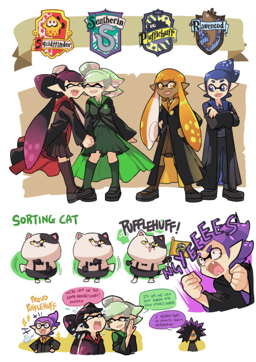 gomigomipomi:  gomigomipomi:  Halloween is just an excuse for me to draw Splatoon x Harry Potter. Not sure if it’s obvious enough but I had too much fun with this hahaha.  Also that purple kid who was very enthusiastic in joining Pufflehuff was I’m