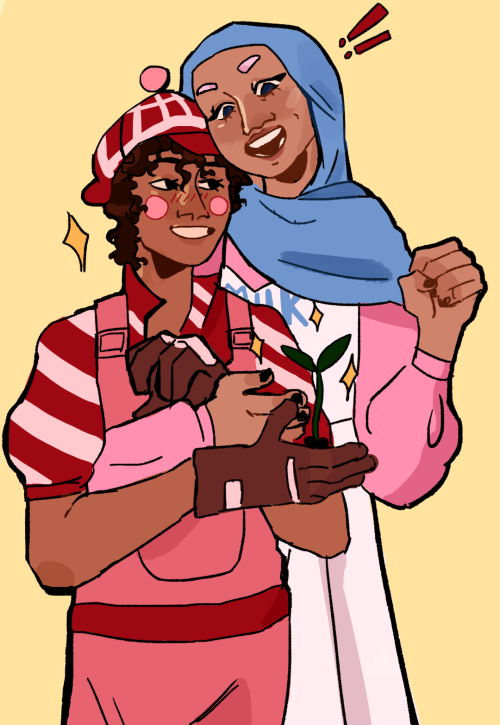 kristenbeeapples:cocoabeetlez:peppermint milkshake!!!![ID: digital art of Primsy and Liam on a pale 