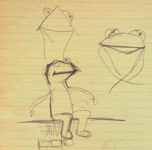 weirdlandtv:Jim Henson’s design sketches of his alter ego, Kermit the Frog. 1950s.Kermit has a brill