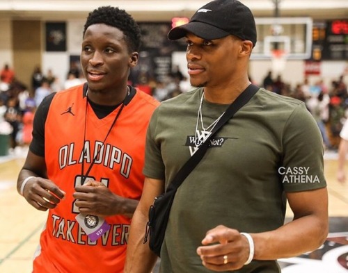 Russell Westbrook and Victor Oladipo attend the Peach Jam Championship