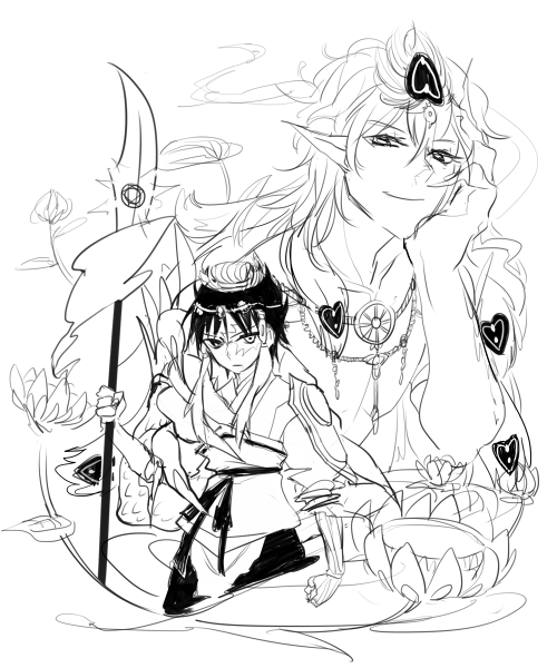 aaamph:  i wanted drawing the djinns looking cool with their masters but i got lazy so its messy \o/ and then theres alibaba and amon 
