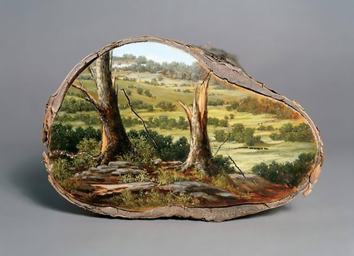 Landscapes painted on the surfaces of cut logs by Alison Moritsugu