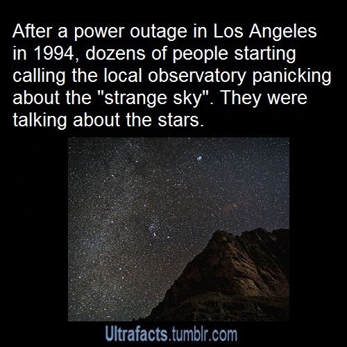 ultrafacts: Ed Krupp, the director of Los Angeles’ Griffith Observatory for the past four decades, has said that in 1994, after the Northridge earthquake knocked out much of the city’s power, the observatory began to receive panicked phone calls about