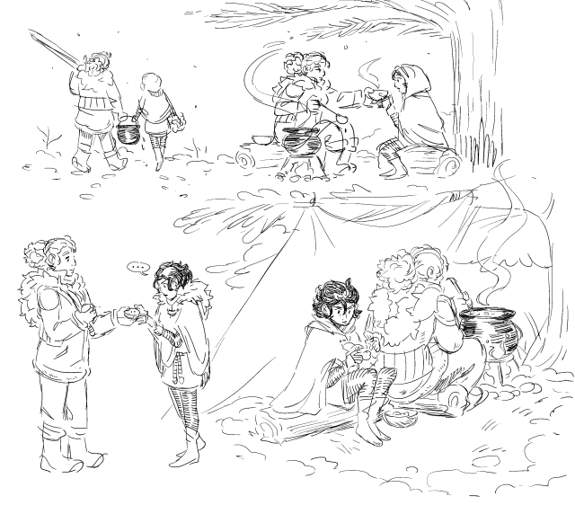 A series of black and white sketches of Sol and Nyx wandering about a large forest, foraging for food and making soup together in a small black cast iron cauldron in various encampments.