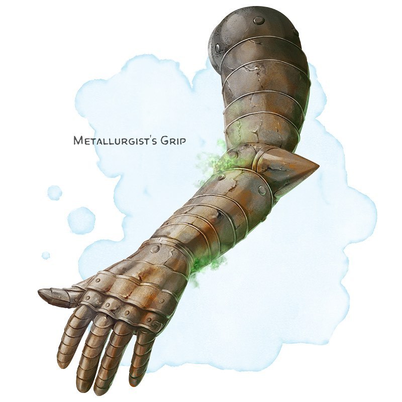 the-griffons-saddlebag:
“💎 𝗡𝗲𝘄 𝗶𝘁𝗲𝗺!
Metallurgist’s Grip Wondrous item, very rare (requires attunement)
___
This plated metal gauntlet extends up your arm. The armored plates are extensively corroded. If you’re missing a hand or arm, the item can...