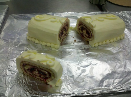 we finished the roulades today. one is frosted w/ lemon buttercream & the other w/ swiss meringu