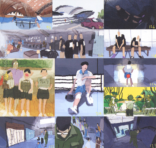 artbooksnat: Ping Pong (ピンポン) image board concept art for episodes #8 through #11, selected from Pi