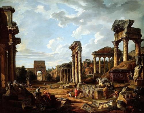 hadrian6:  A Capriccio of the Roman Forum.   1741.Giovanni Paolo Panini. Italian 1691-1765. oil/canvas.http://hadrian6.tumblr.com