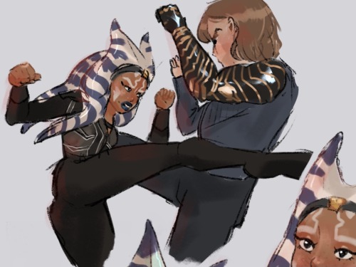 closeup of one of the sketches, ahsoka fighting or training in hand-to-hand combat with a winter soldier version of anakin, she's kicking his ass (he's blocking her leg with the metal arm)