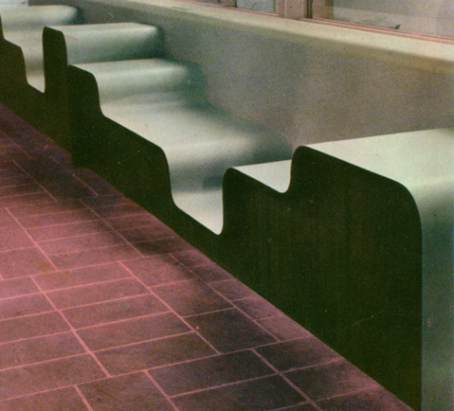 precordillera: Jules Wabbes, Bench relax. Bench in mansonia plywood covered with vinyl, made for the classroom of the Belgian section at the XIIth Triennale di Milano in 1960.