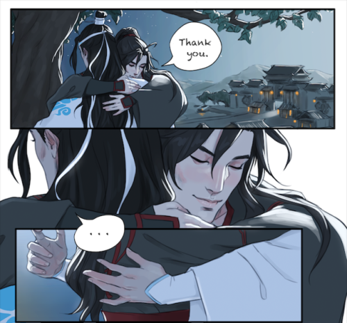 I love this scene and these two so much!!!!Wei WuXian feels so safe in Lan WangJi’s arm :’D