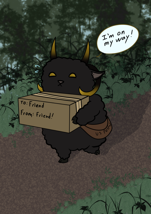 leavethemessagesart:A little goat is doing his best to deliver a package for a friend!