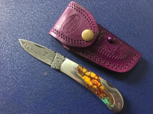 #Handmade #damascus #folding #knife for #sale #with #leather #sheathPm me or comment below for more 