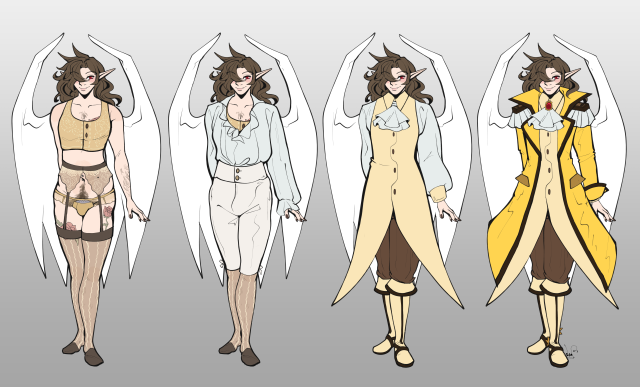 Master Big Star in four stages of dress. In the first, he wears a binder and frilly panties with stockings and a garterbelt. In the second, he wears a poofy white undershirt and white britches over those. In the third, his cravat is tied, there's a cuff on his sleeve, and a long, sleeveless waist-coat over the undershirt, as well as brown pants over the britches and his knee-length yellow boots. Finally is the addition of his yellow coat, the star-shaped spurs on his heels, and the red jewel he wears over his cravat.
