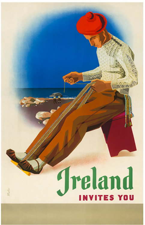 vintagepromotions:‘Ireland Invites You’Travel poster depicting a man weaving the crios, a colourful 