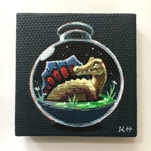 kevanhom:Late post, but here are six 2″x2″ paintings of some prehistoric creatures in bottles for Nucleus Portland’s ‘Microdose 3′ group show in Oregon (August 20th-September 13th 2021) :)Creatures featured are Spinosaurus, Ankylosaurus, Mosasaurus,