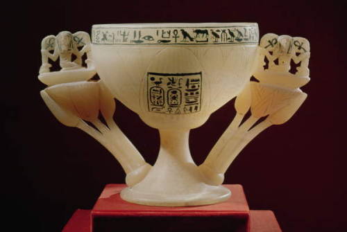 Lotus chalice This alabaster chalice in the form of a lotus is decorated with a whorl of circles and