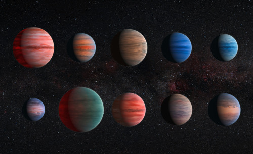 This image shows an artist’s impression of the 10 Hot Jupiter Exoplanets studied using the Hubble an