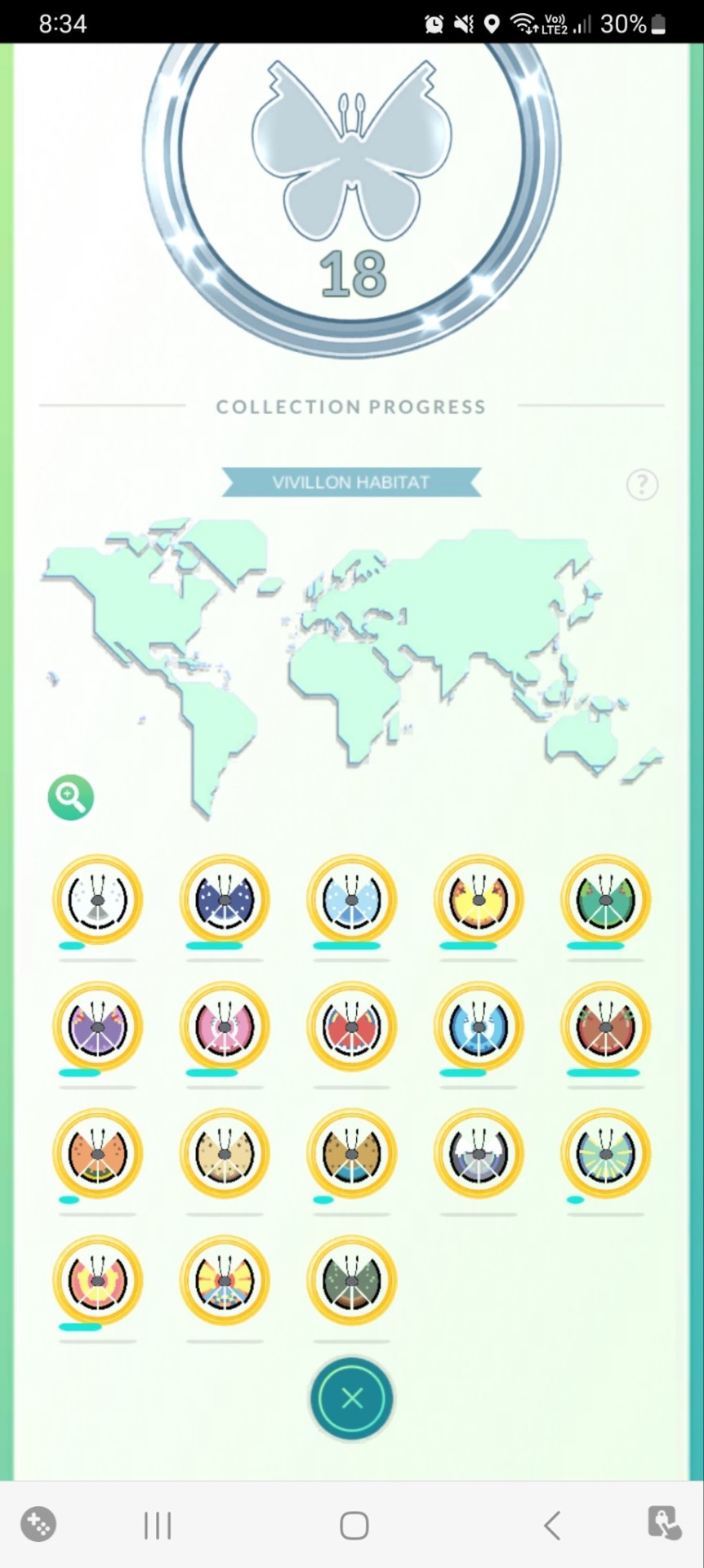 A screenshot from Pokemon Go from the Vivillon Collection Badge, with fully complete collection (as the user has caught one of every type of Vivillon).