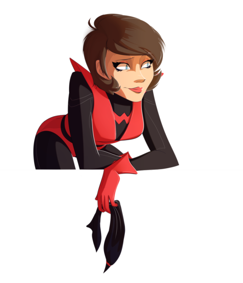 thingsfortwwings:[Image: Janet van Dyne in a red and black Was uniform; she’s leaning on a ledge, sm