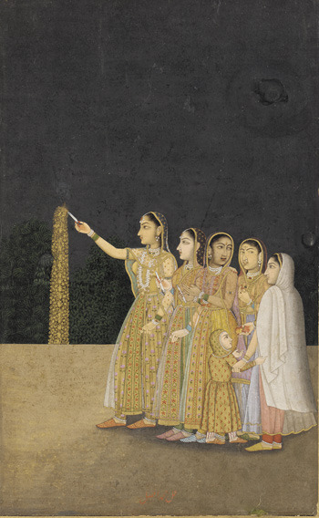 mughalshit: kurumpu:  Court Ladies Playing with Fireworksca. 1740Mughal dynasty Color and gold 