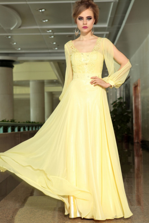 Yellow Chiffon Long Sheer Split Sleeves Floor Length Evening Formal Dress