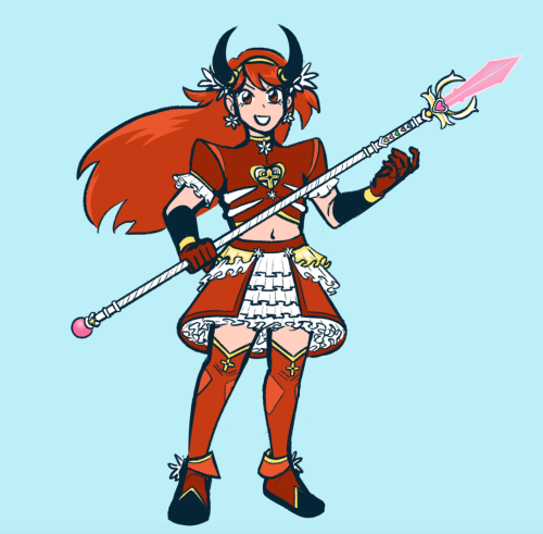[image description: pretty cure oc. A person with pale skin and long red hair wearing a magical girl