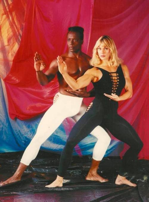 90s action star, female bodybuilder, and martial artist, Corrina Everson, with her sensei, Billy Bla