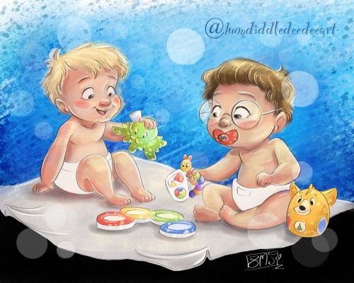 This piece of art depicts me and my best friend, Jared Wood if we've known each other when we were adorable babies, playing with assorted "Baby Einstein" toys on a baby blanket on the floor.