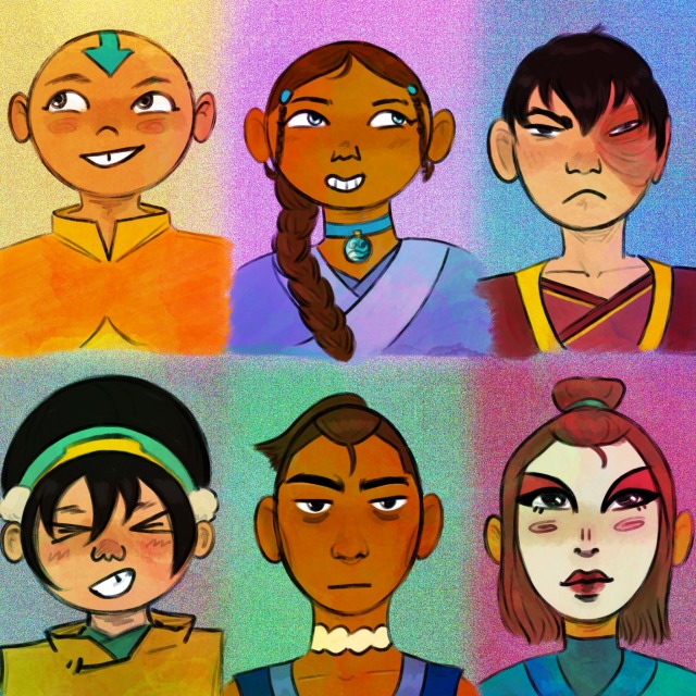six digital drawings in a cartoonish style in symmetrical rows of three and columns of two of each of the members of the gaang against a different colored background. from left to right, top to bottom, aang is smiling against a yellow background, katara is smiling against a purple background, zuko is frowning angrily against a blue background, toph is grinning cheekily against a gray background, sokka is staring deadpan against a green background, and suki is staring ahead with a determined expression against a magenta background. 