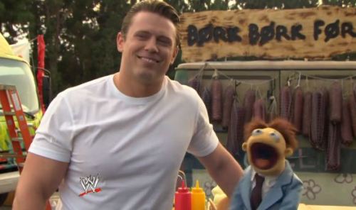 rileydibiaseambrose:  The Miz goes behind-the-scenes with The Muppets  The Miz looks good in that white shirt! With his hard nipples poking out